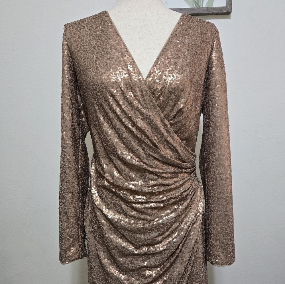 TADASHI SHOJI Alberti Sequin Slit Gown Bronze Size XL - Picture 2 of 14